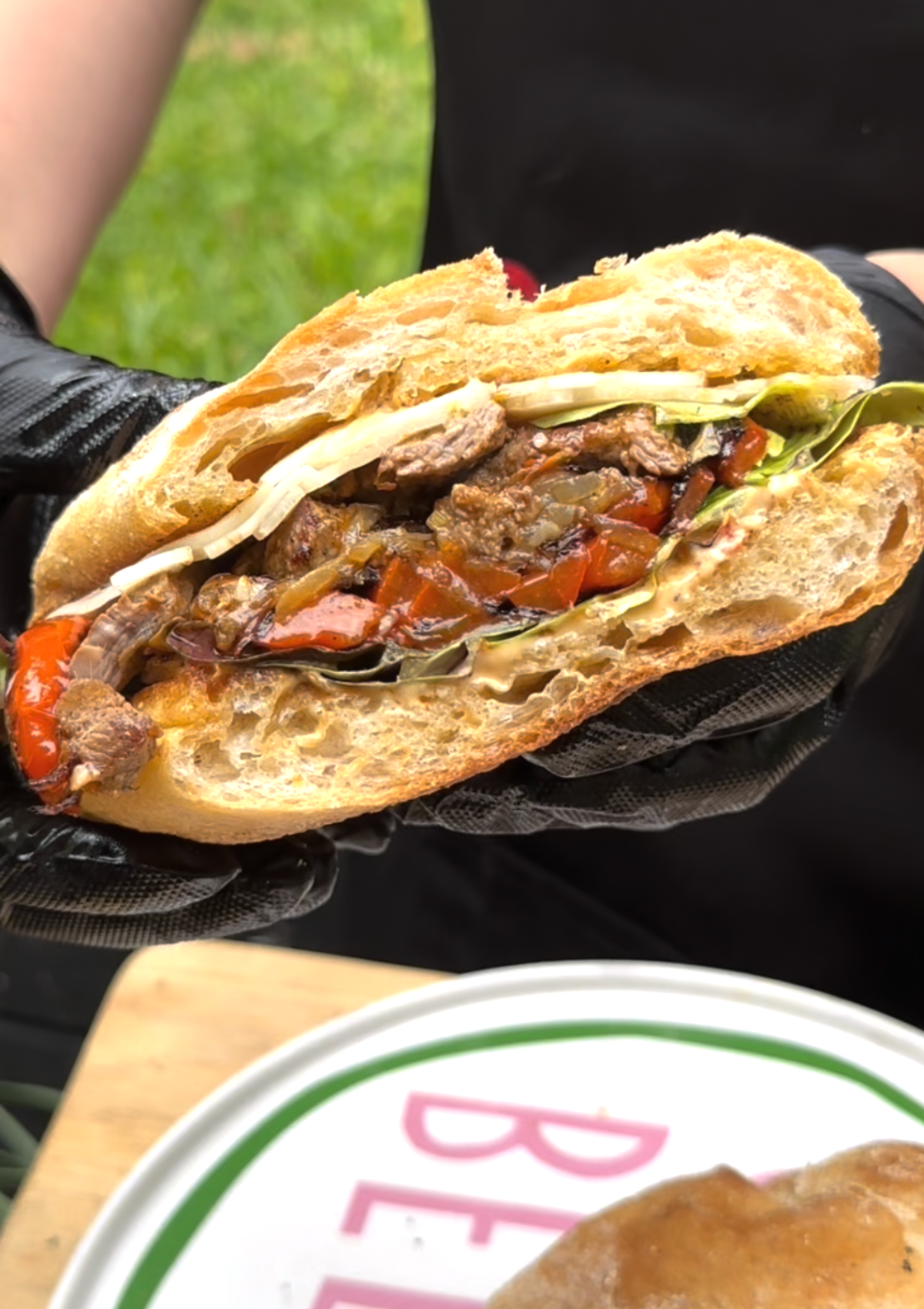 Steak sandwich with caramelised onions & grilled capsicum